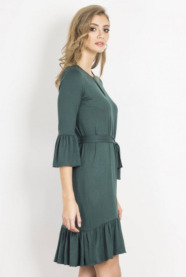  Shira Zielona Mini Sukienka Rozkloszowana Z Falbaną Do Pracy
