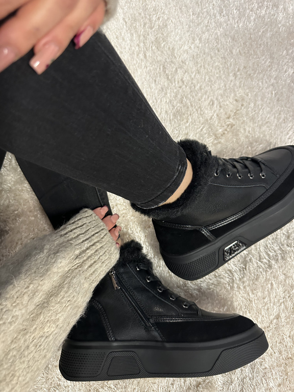 Botki damskie sneakersy ocieplane ze skóry naturalnej czarne