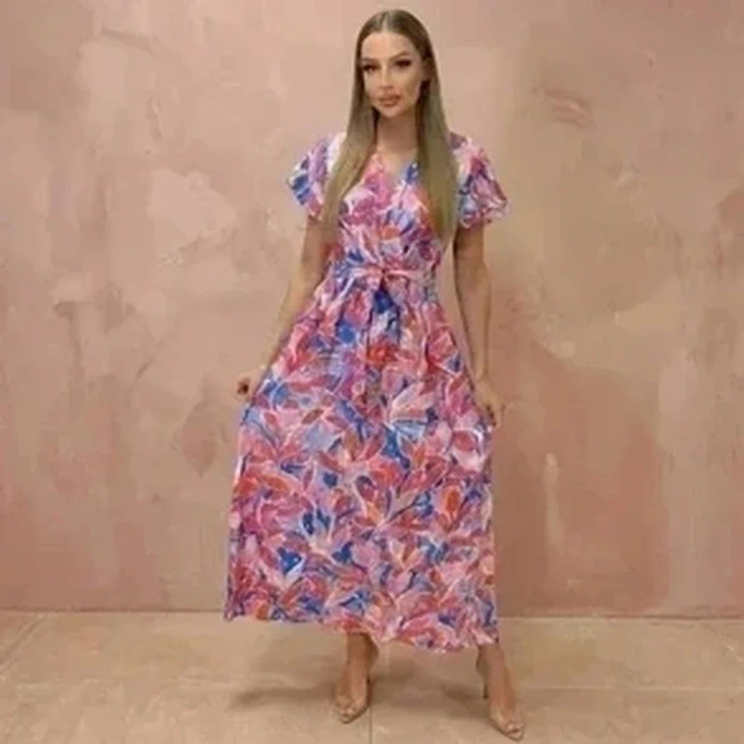 Sukienka maxi letnia w liście zwiewna wiązana w talii długa kolorowa