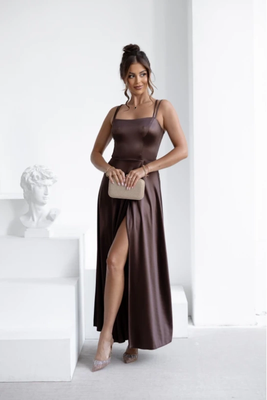 ELEGANCKA SUKIENKA MAXI Satynowa Nel- czekoladowy