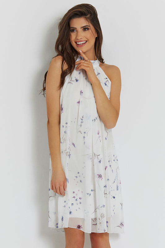 Liv Biała Elegancka Mini Sukienka Rozkloszowana Ze Stójką