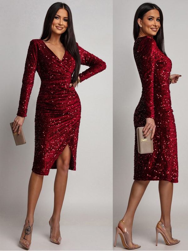 Elegancka Midi Sukienka z dugim rękawem cekinowa Rosalia bordowa