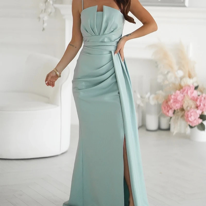 Sukienka Maxi Miętowa Wieczorowa Brokatowa Wesele  Rozcięcie Gorset