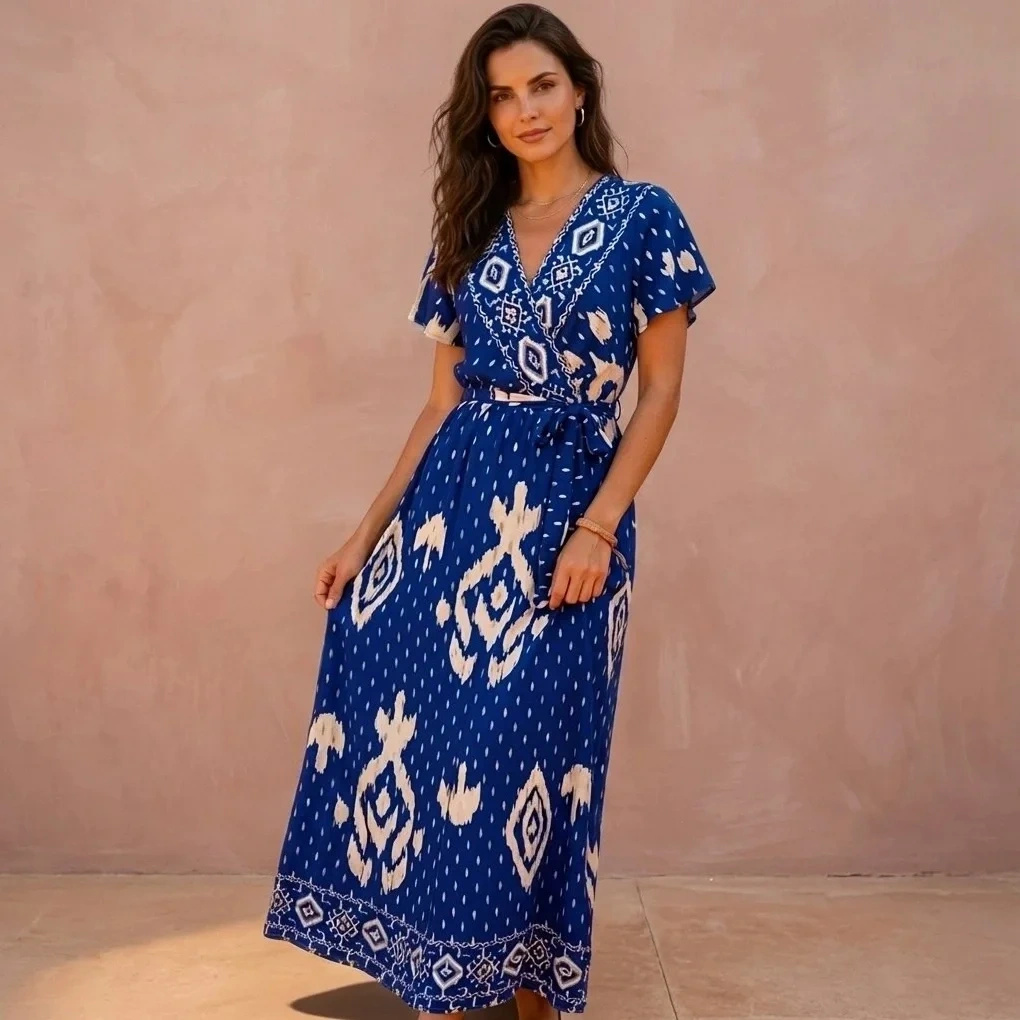 Sukienka Maxi Boho Etniczny Wzór Chabrowa Letnia Wiązana Talia Dekolt V