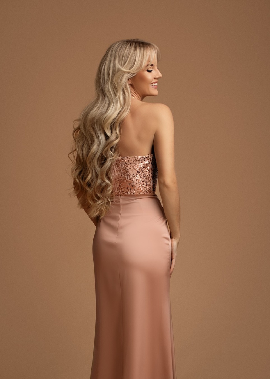 Elegancka  MAXI Sukienka Gorsetowa DAPHNE  pudrowy róż