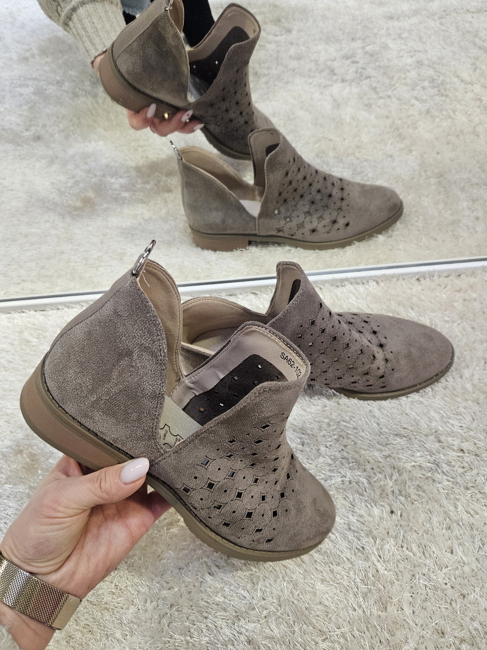 Brązowe ażurowe pólbuty  botki damskie na obcasie 