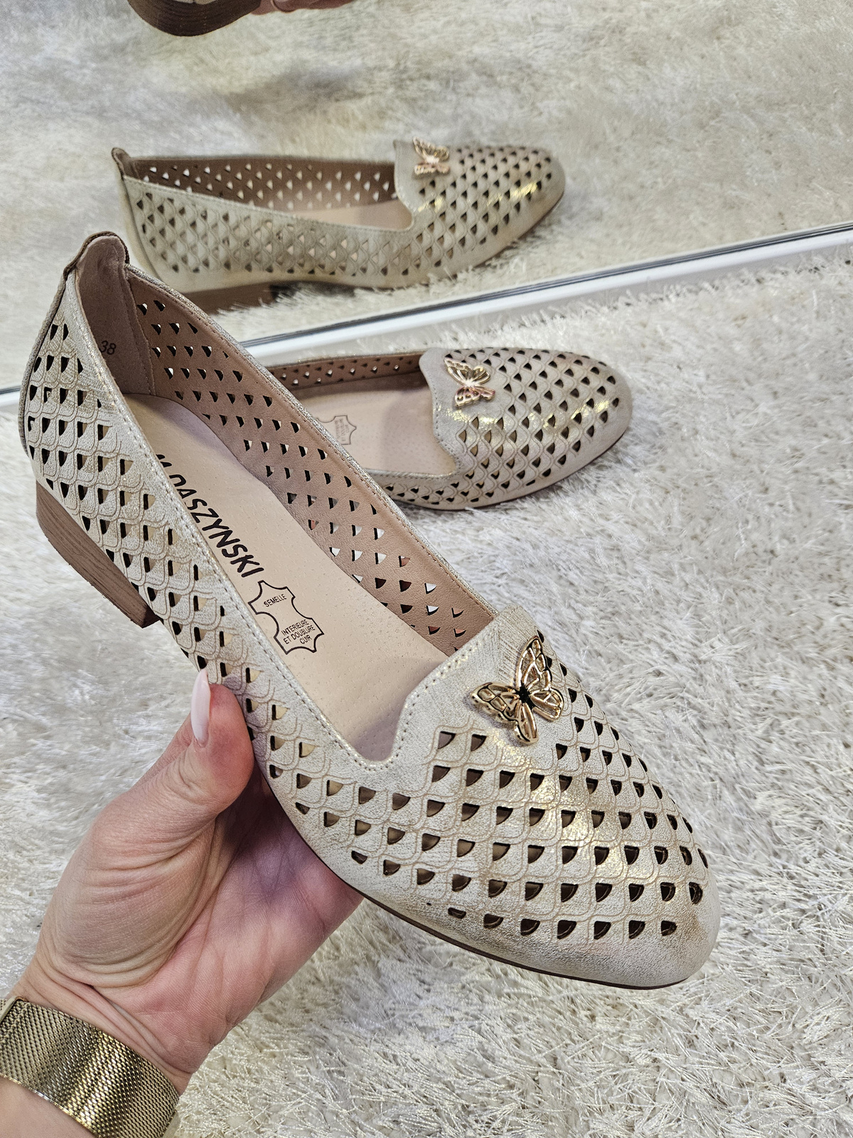 Złote damskie ażurowe baleriny  Marika 