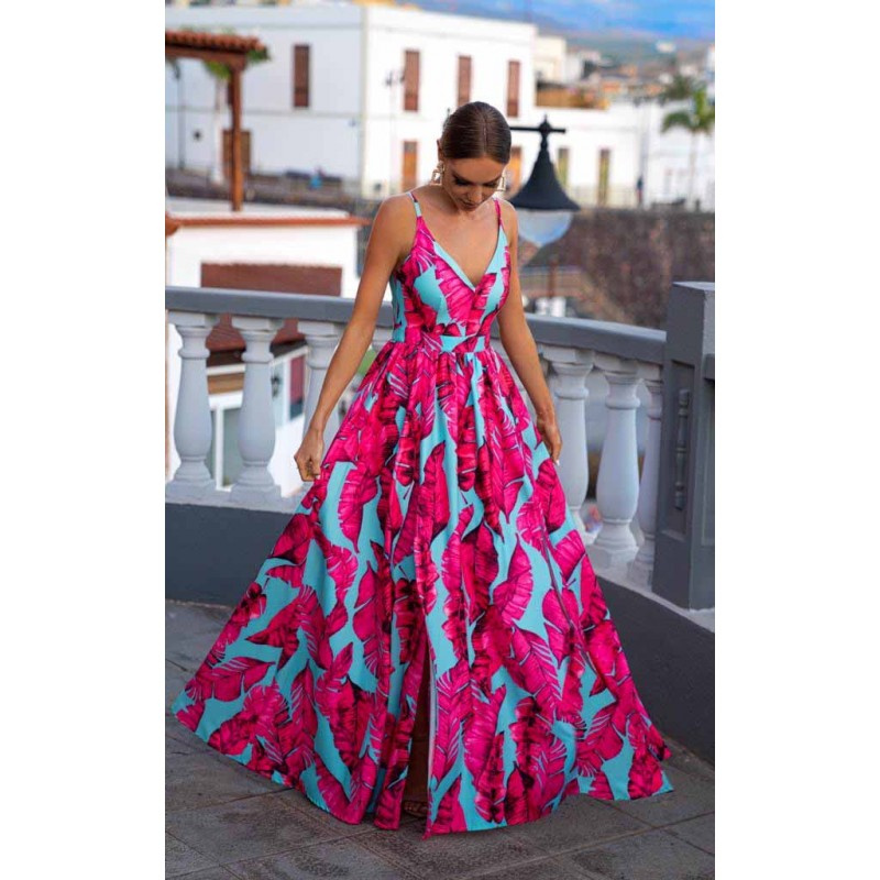 Długa Sukienka NINA  z dwoma rozporkami - turkusowa w fuksjowe kwiaty