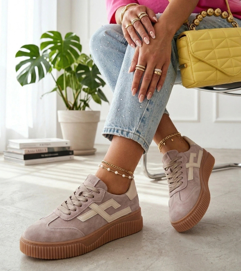 BEŻOWE SKÓRZANE SNEAKERSY półbuty damskie