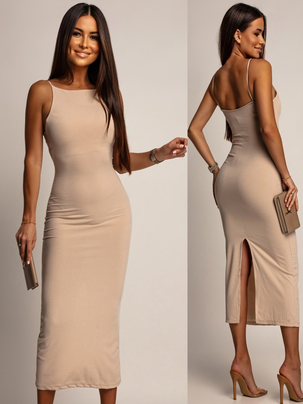 PRĄŻKOWANA SUKIENKA MIDI DOLCE BEŻOWA