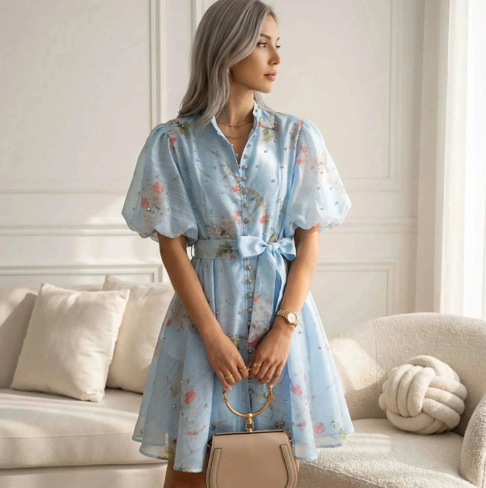 Sukienka SHINE błękitna kwiatowa midi bufiaste rękawy bawełna len lato wiosna elegancka