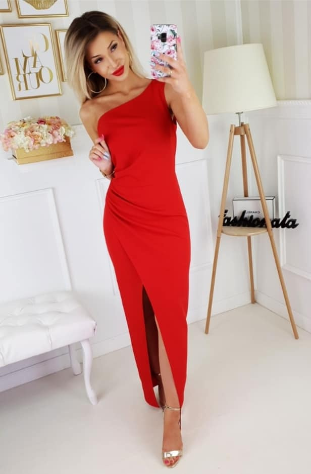 Sukienka na jedno ramię z rozcięciem- czerwony