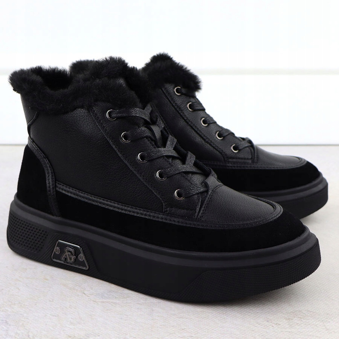 Botki damskie sneakersy ocieplane ze skóry naturalnej czarne