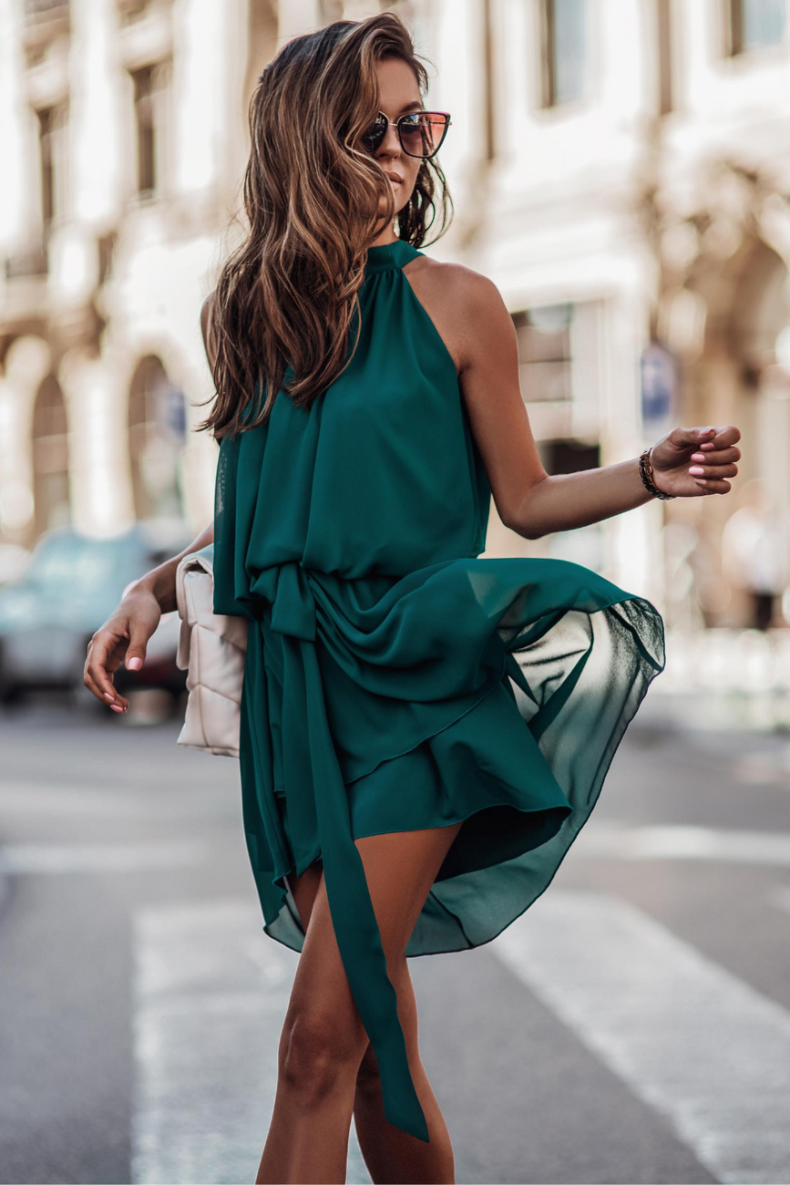 Szyfonowa  Livia Krótka Elegancka Zielona Sukienka Na Sylwestra
