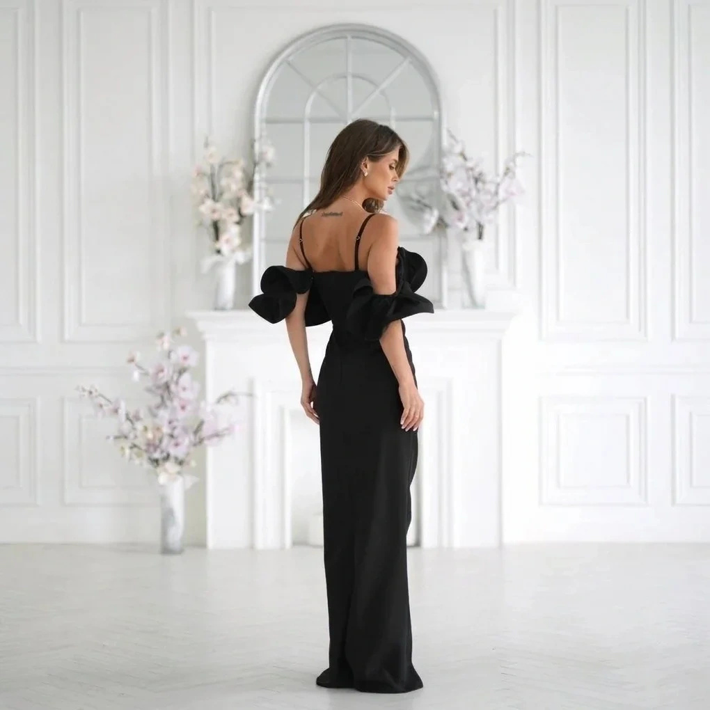 Długa czarna sukienka maxi spektakularne rękawy elegancka wieczorowa