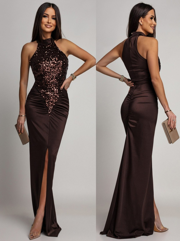 ELEGANCKA SUKIENKA MAXI Z CEKINAMI Iman BRĄZOWA