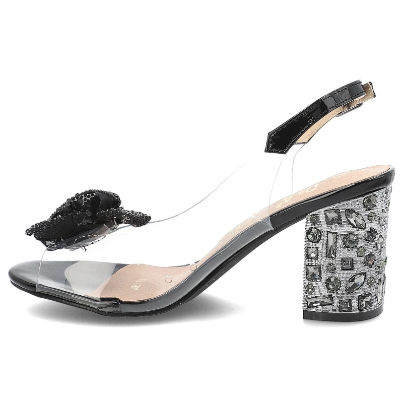 Sandały damskie na wysokim obcasie z ozdobą eleganckie ze sprzączką transparentne-czarne