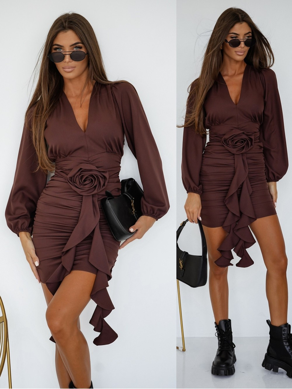 Elegancka Sukienka FLOWERS z długim rękawem czekoladowy