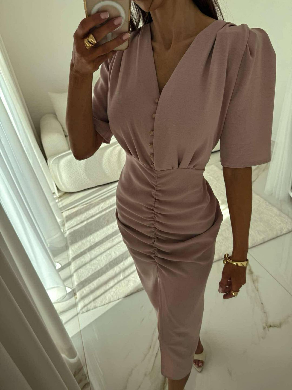 Elegancka midi SUKIENKA Z WISKOZĄ  VENEZIA PUDROWA