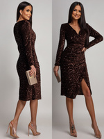 Elegancka Midi Sukienka z dugim rękawem cekinowa Rosalia czekoladowy