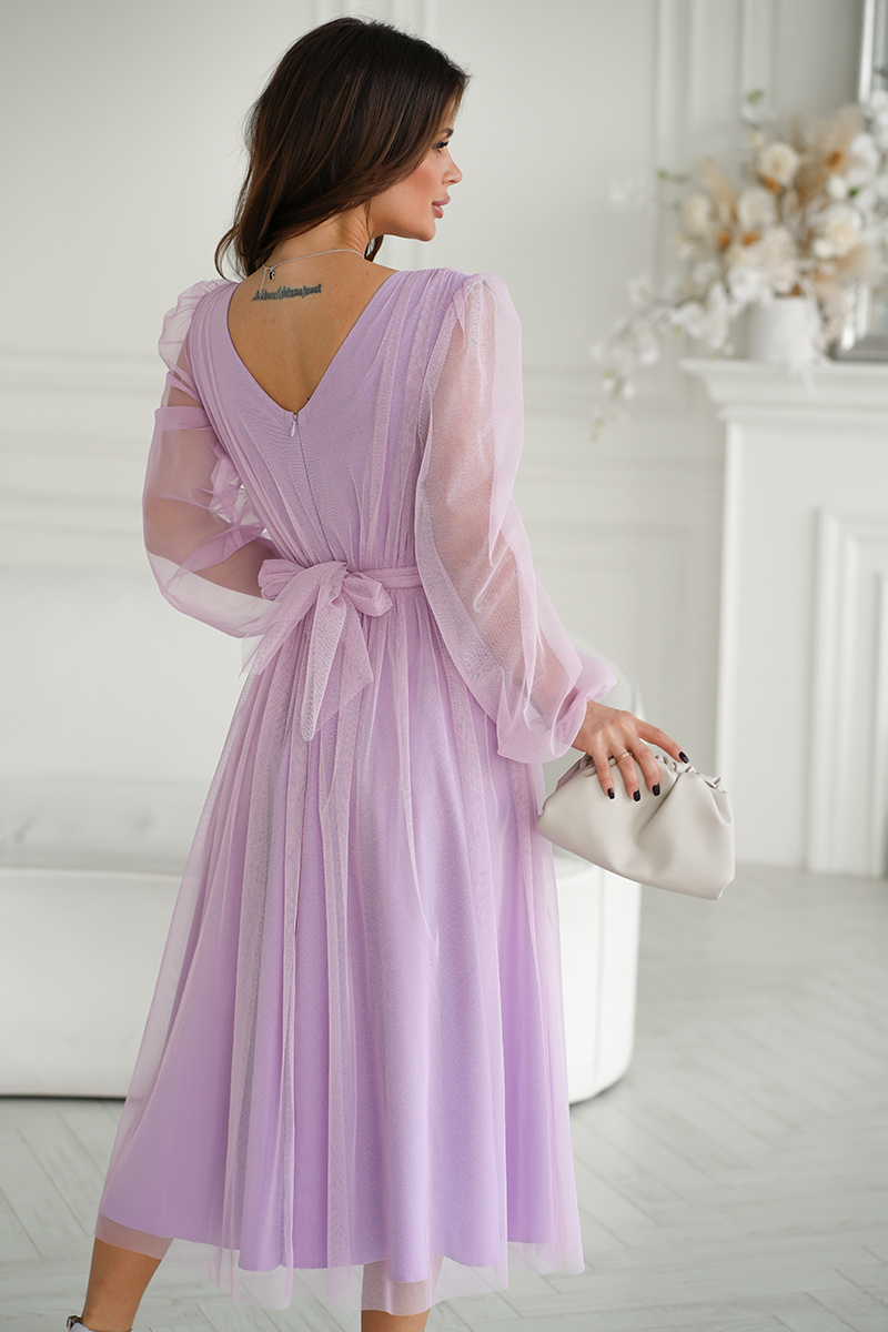 Elegancka SUKIENKA MIDI Z BROKATOWĄ SIATKĄ-lila