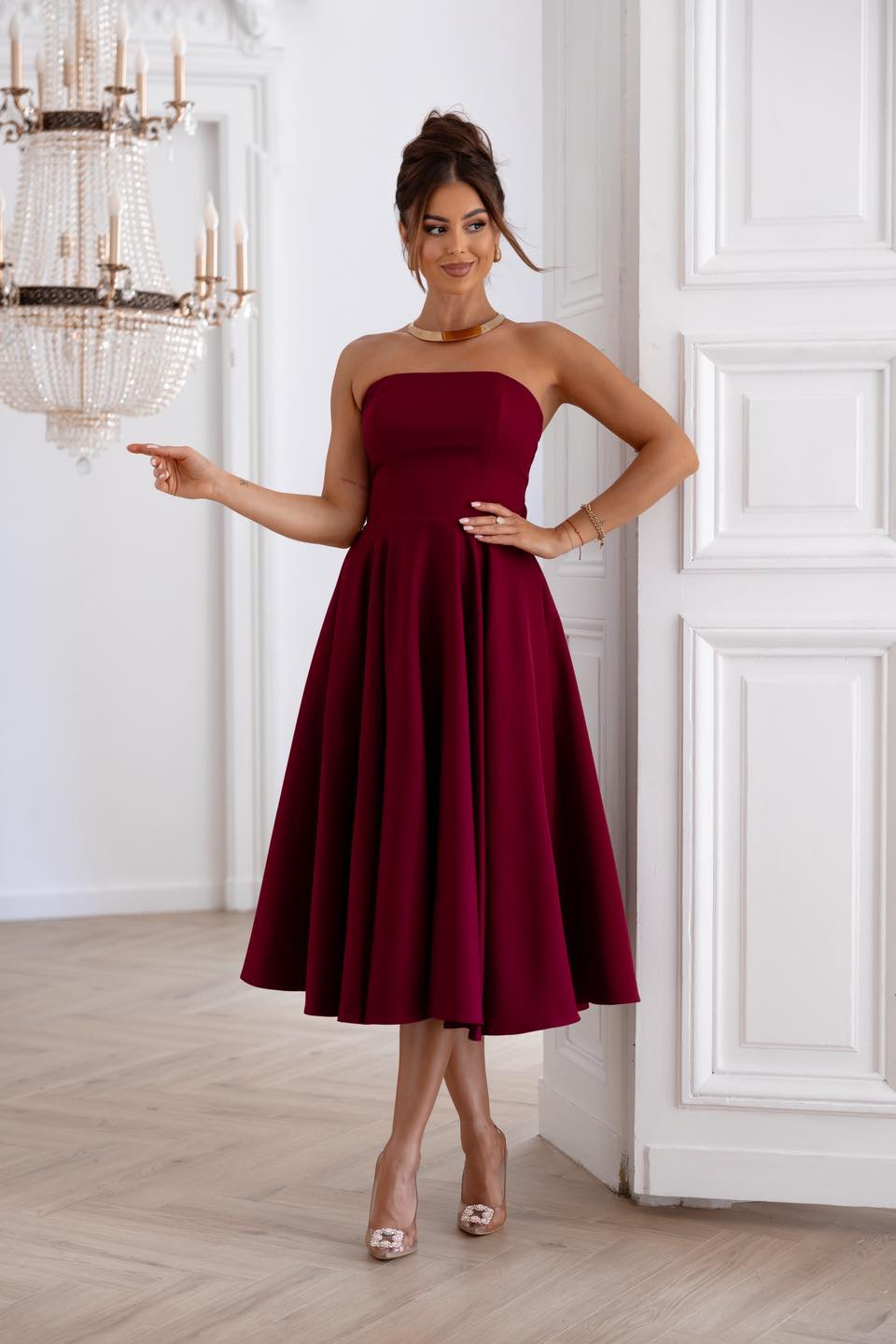 Elegancka gorsetowa midi Sukienka Asti bordowa