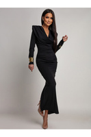 Elegancka Maxi Sukienka  z marszczeniem Misty z długim rękawem czarna