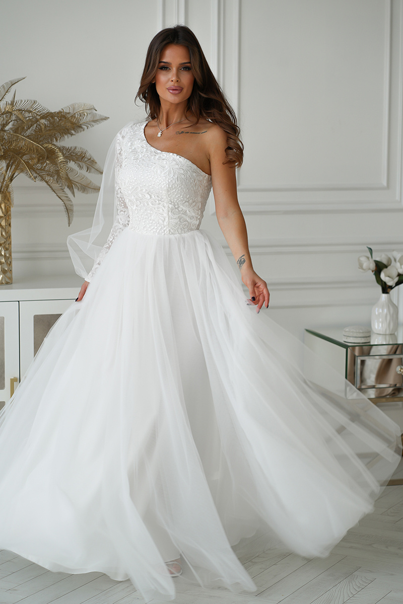 Elegancka SUKIENKA BALOWA NA JEDNO RAMIĘ Amis- : ecru