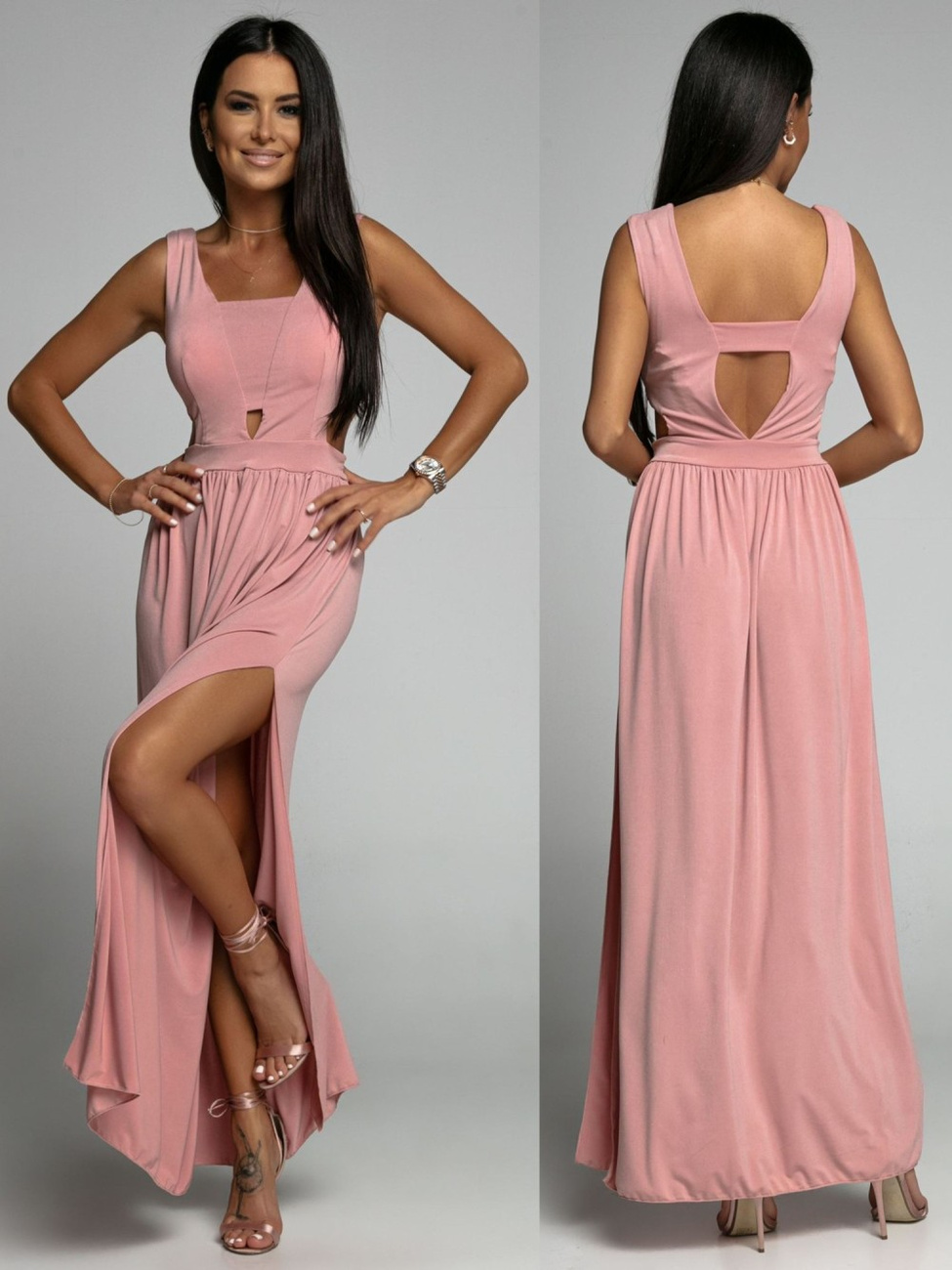 ZWIEWNA SUKIENKA MAXI Z WYCIĘCIAMI ANA- pudrowy róż