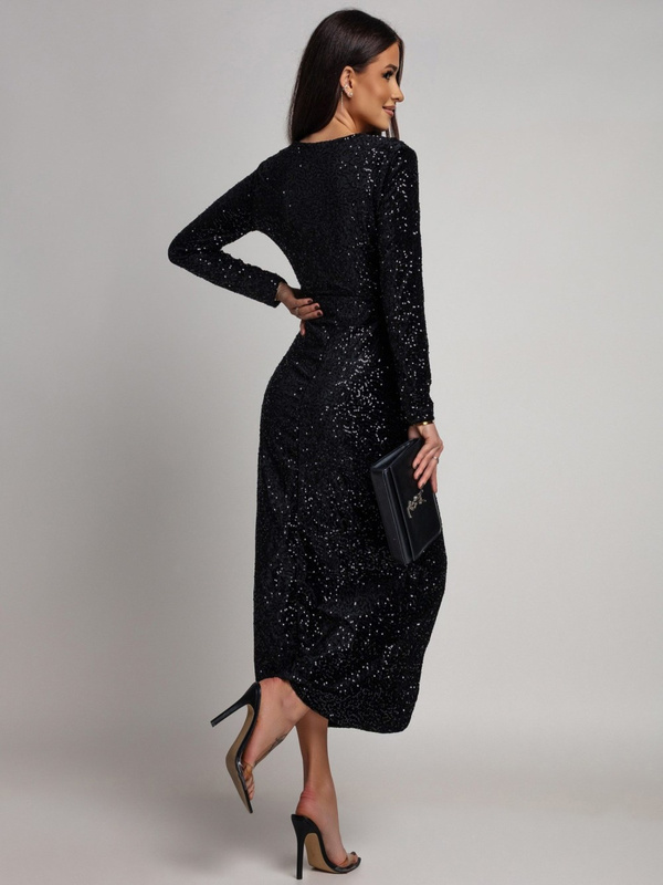 Elegancka Maxi Sukienka Cekinowa Wiola z długim rękawem czarna