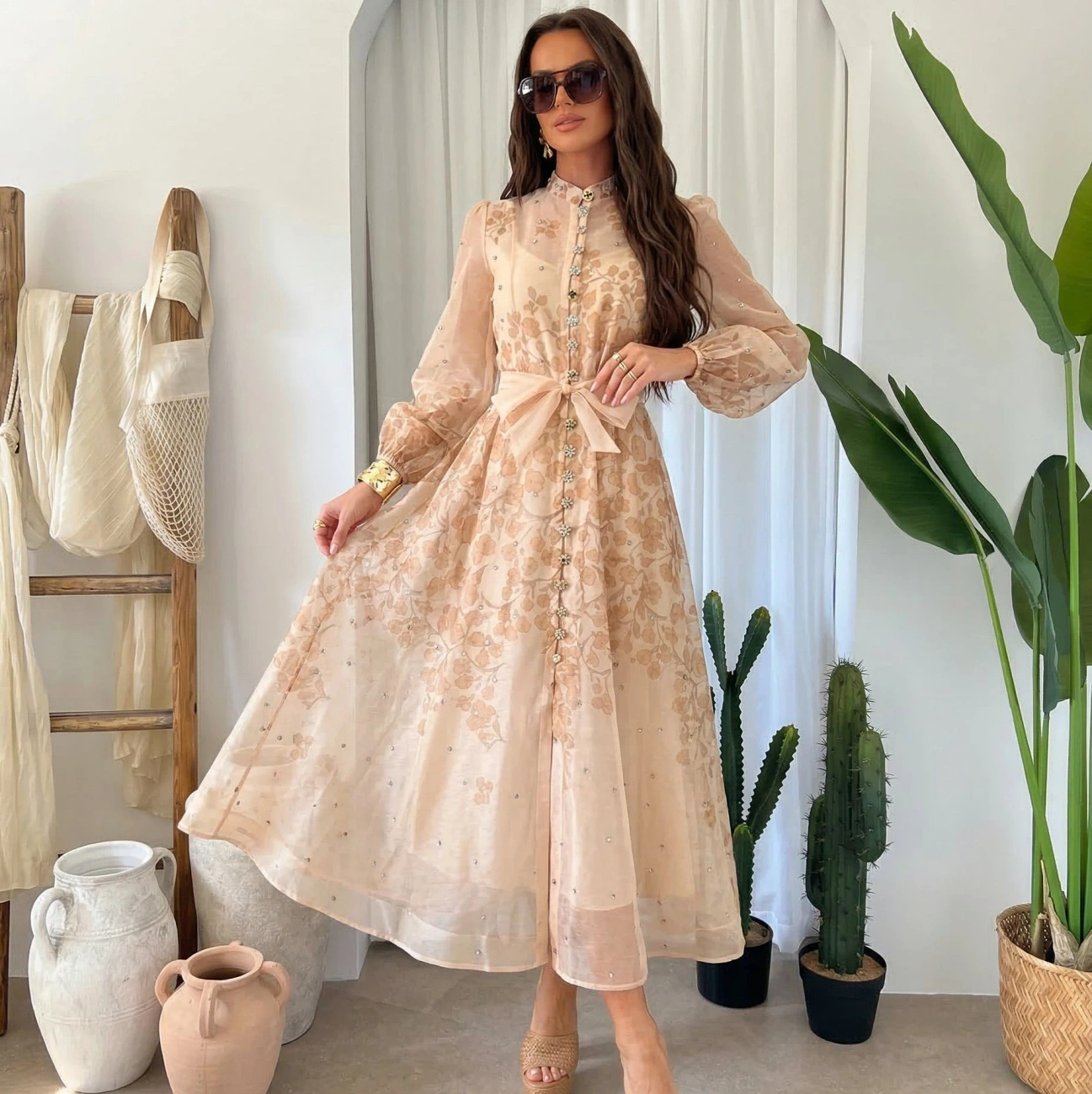 Sukienka Maxi Beżowa Kwiaty Wesele Elegancka Transparentne Rękawy