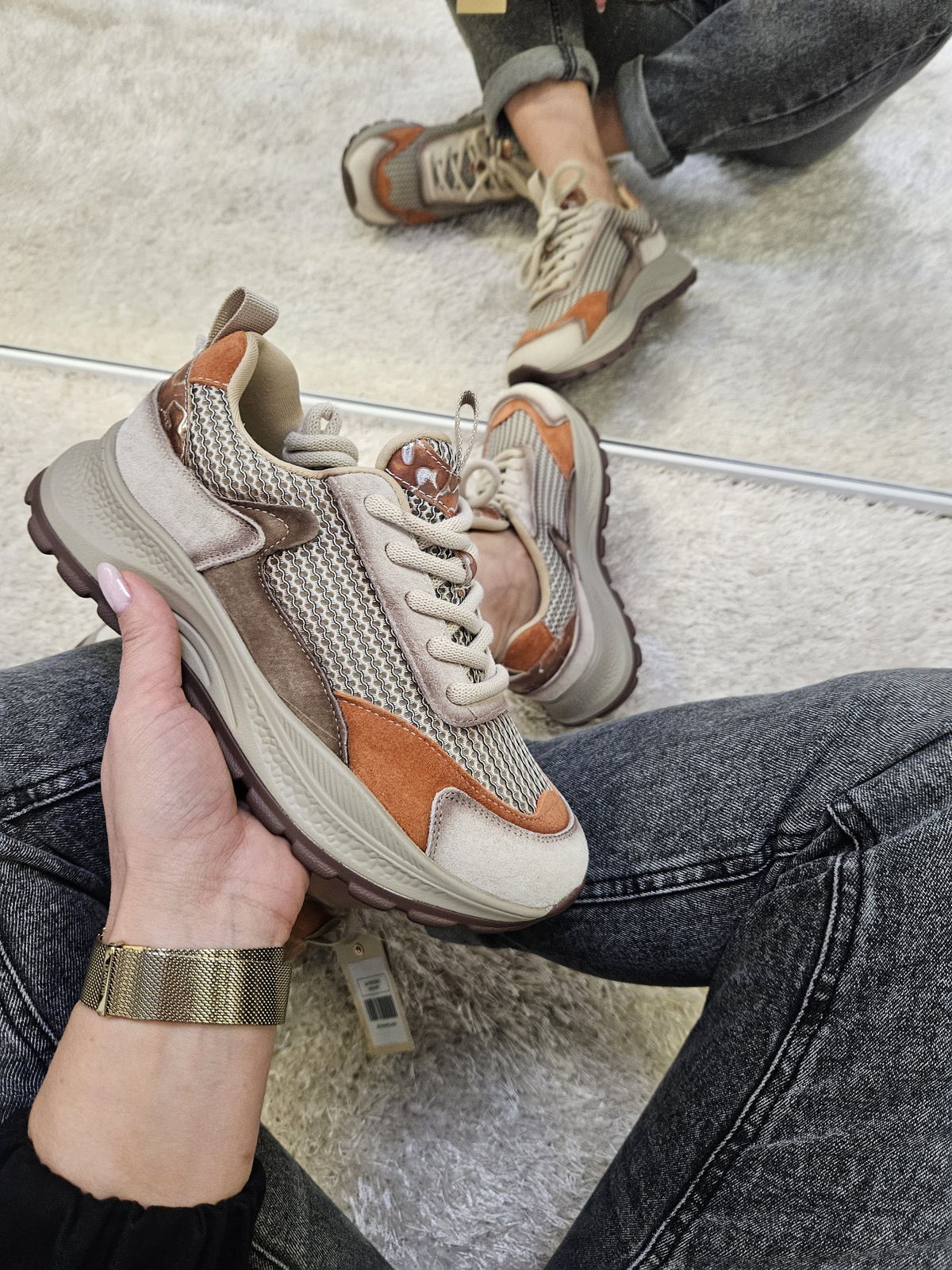 BEŻOWE SKÓRZANE SNEAKERSY półbuty damskie