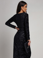 Elegancka Maxi Sukienka Cekinowa Wiola z długim rękawem czarna