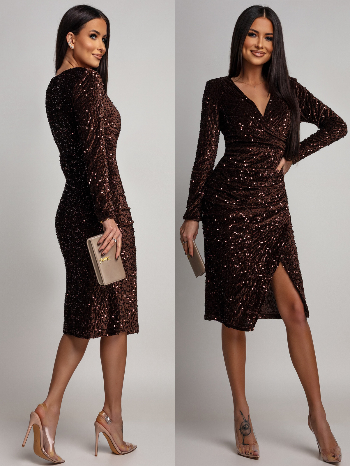 Elegancka Midi Sukienka z dugim rękawem cekinowa Rosalia czekoladowy