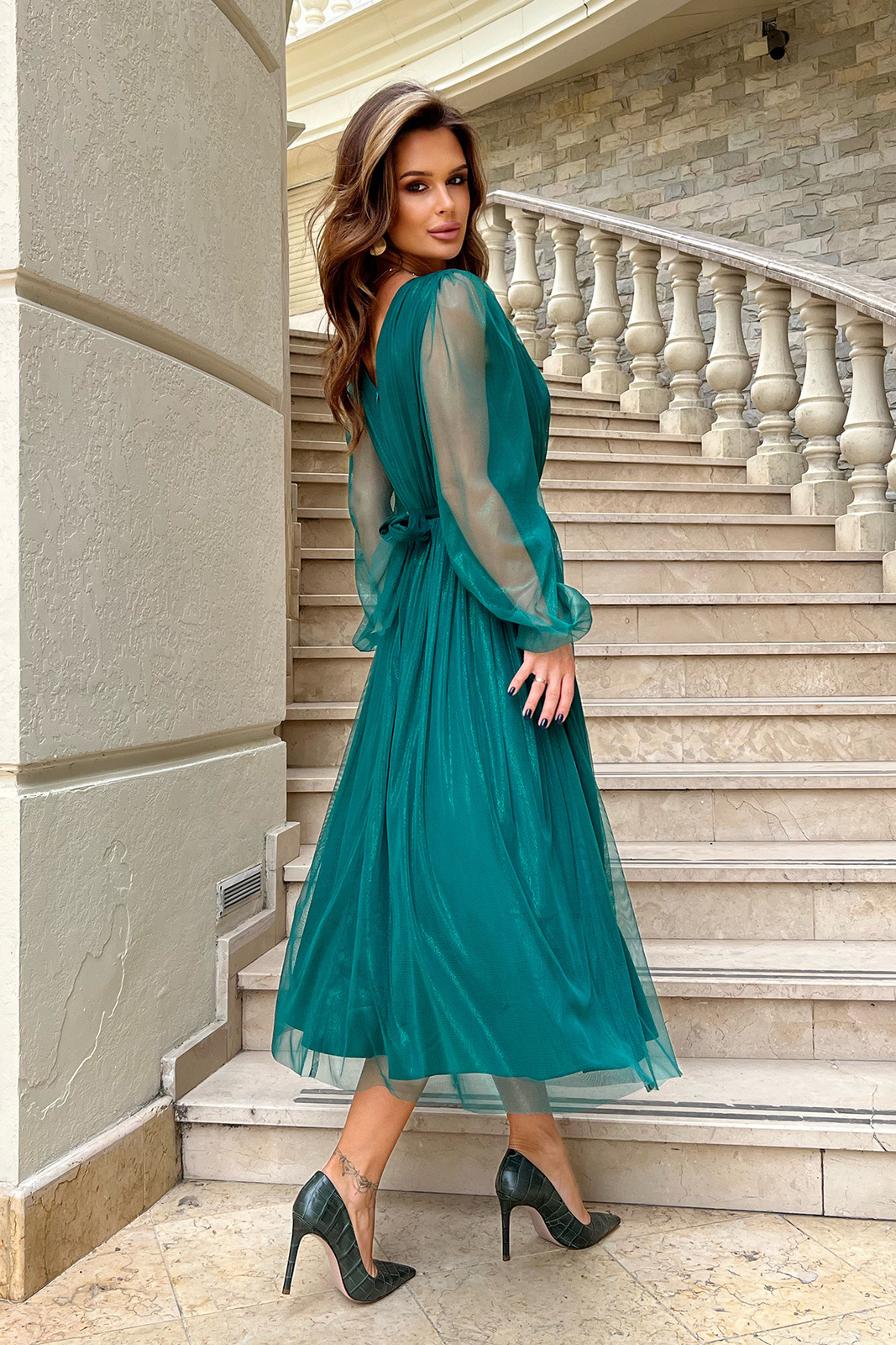 Elegancka SUKIENKA MIDI Z BROKATOWĄ SIATKĄ-butelka