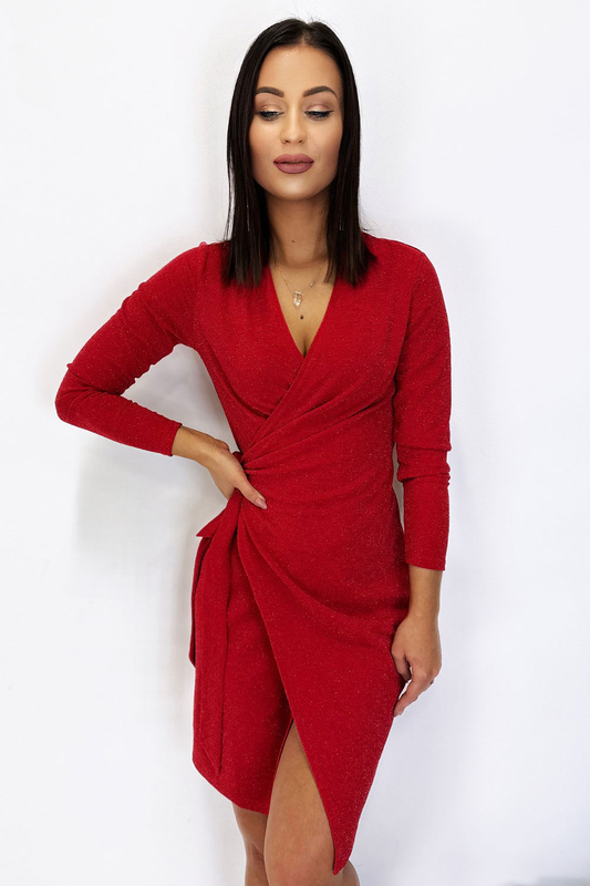 Połyskująca Zakładana  Isla Czerwona Klasyczna Mini Sukienka Z Długim Rękawem