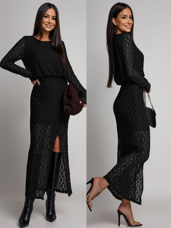 Dopasowana sukienka koronkowa z długim rękawem Makena czarna