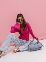 Elegancka Bluzka ROSEA z różami i długim rękawem Fuksjowa