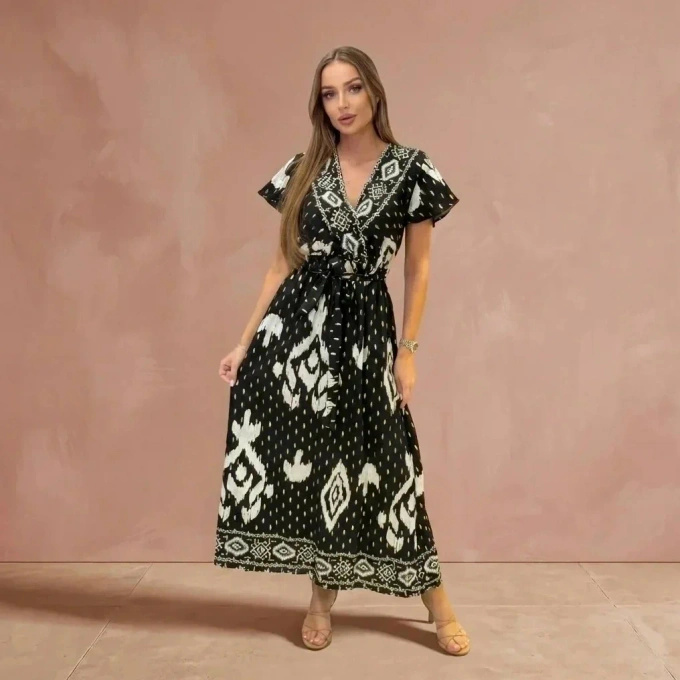 Sukienka Maxi Boho Etniczny Wzór Letnia Wiązana w Talii Czarna