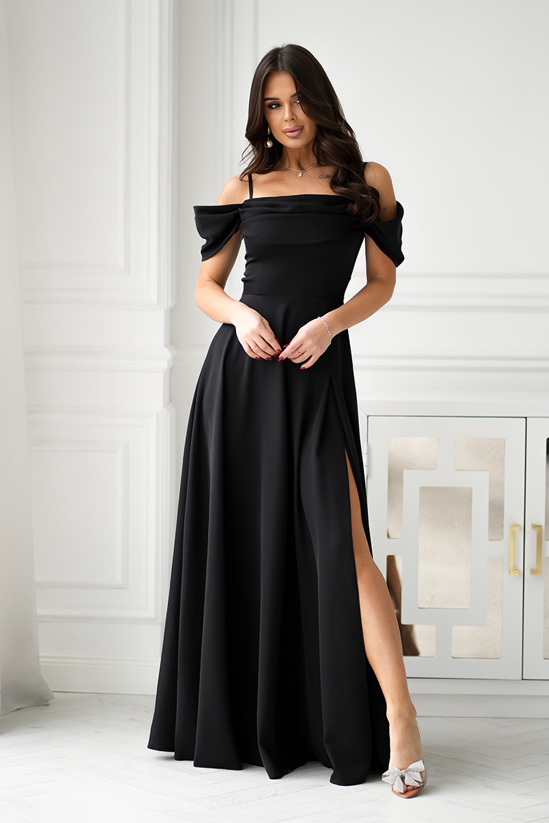 SUKIENKA MAXI Z OPADAJĄCYMI RAMIĄCZKAMI I ROZCIĘCIEM czarny