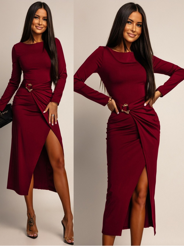 ELEGANCKA SUKIENKA MIDI ZE ZDOBIENIEM Ananya  bordowy