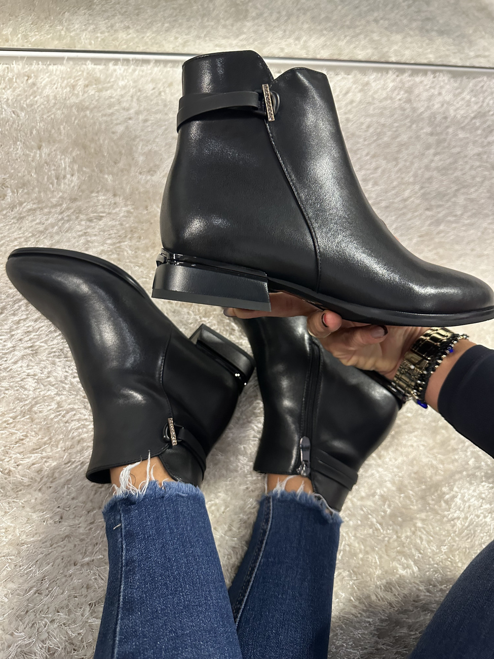 Klasyczne Botki damskie ocieplane ze skóry naturalnej czarne