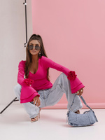 Elegancka Bluzka ROSEA z różami i długim rękawem Fuksjowa