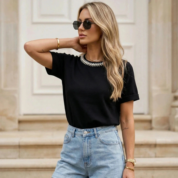 Bluzka Damska z Perłami Wiskoza Krótki Rękaw Ozdobny Dekolt