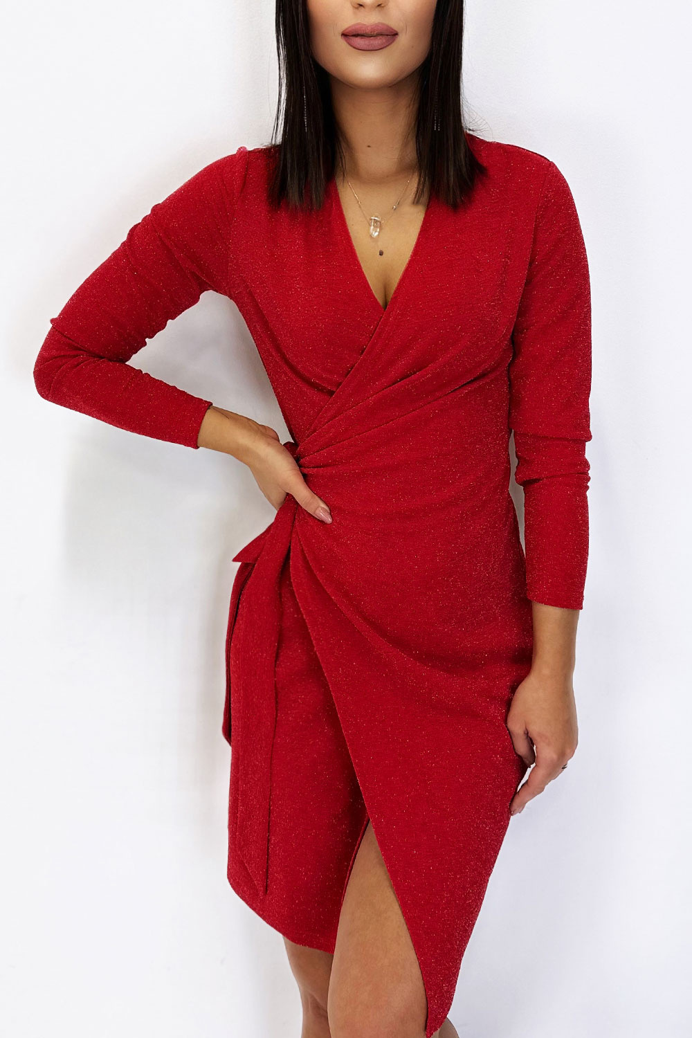 Połyskująca Zakładana  Isla Czerwona Klasyczna Mini Sukienka Z Długim Rękawem
