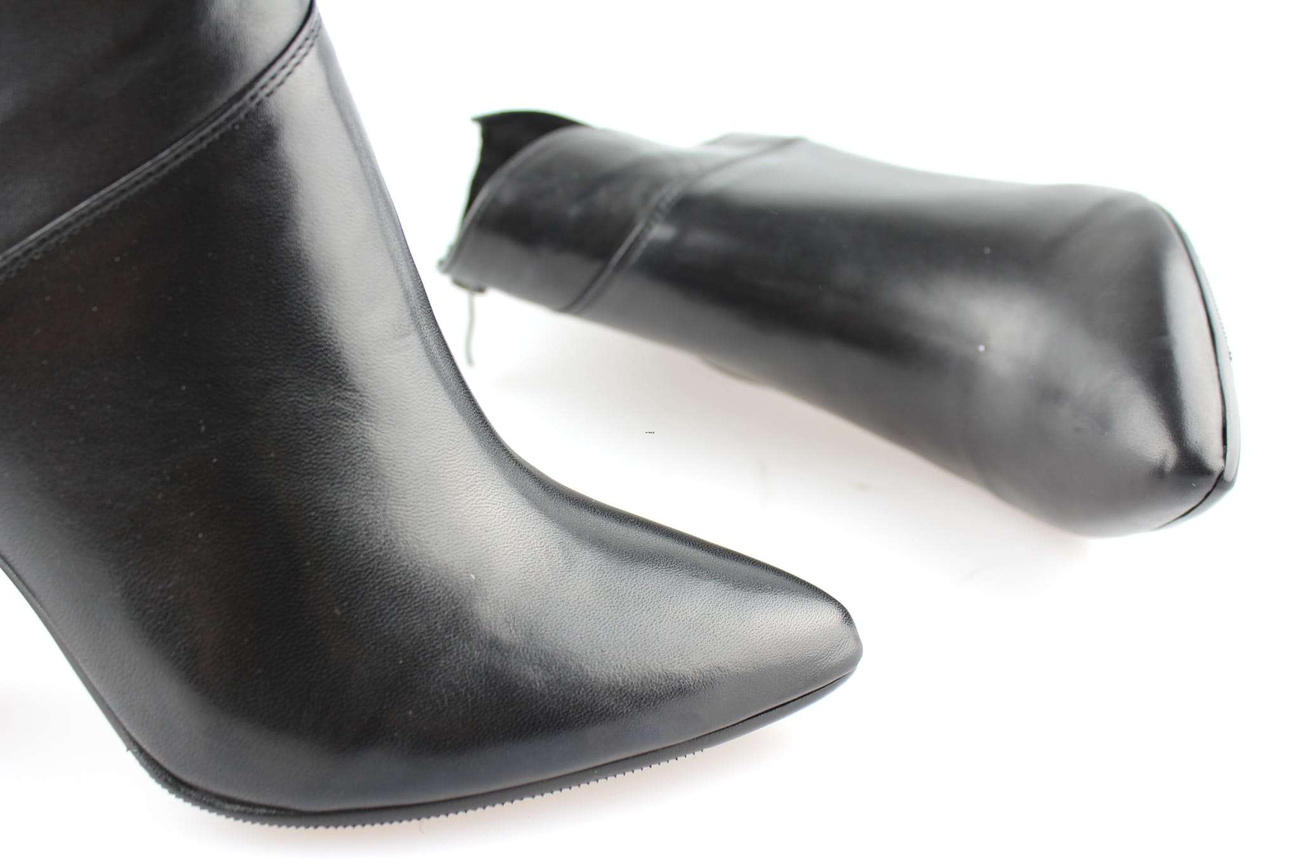 Botki damskie na szpilce Czarne skórzane ocieplane eleganckie