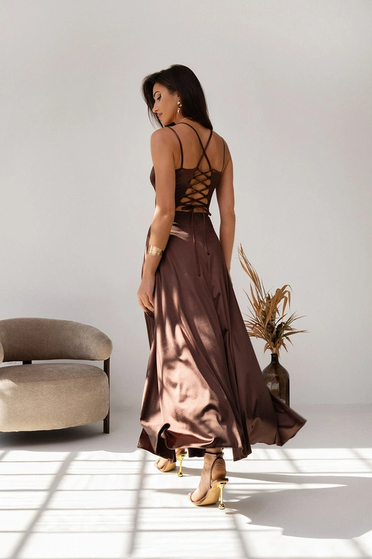 ELEGANCKA SUKIENKA MAXI Satynowa Nel- czekoladowy