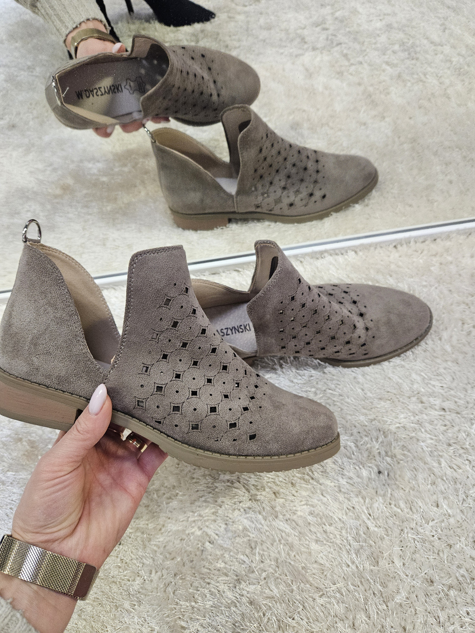 Brązowe ażurowe pólbuty  botki damskie na obcasie 