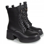 Botki damskie ze skóry naturalnej wysokie sznurowane na klocku czarne
