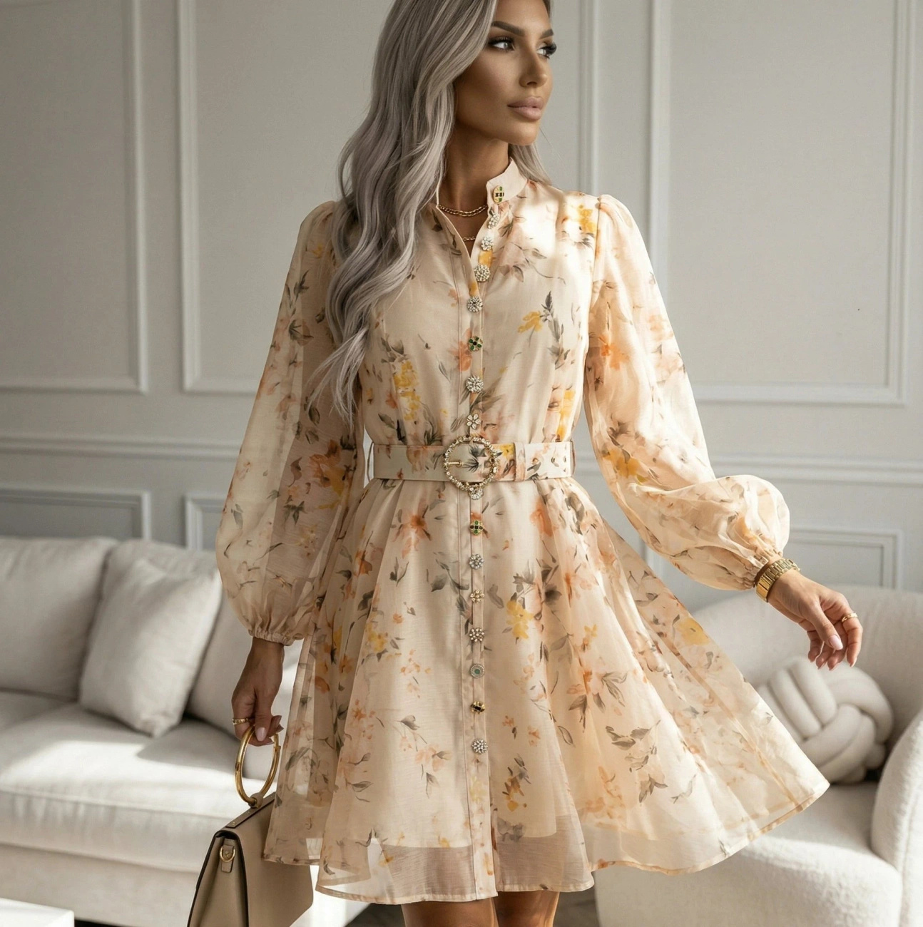 Sukienka beżowa w kwiaty elegancka z paskiem bufiaste rękawy PERDOSE